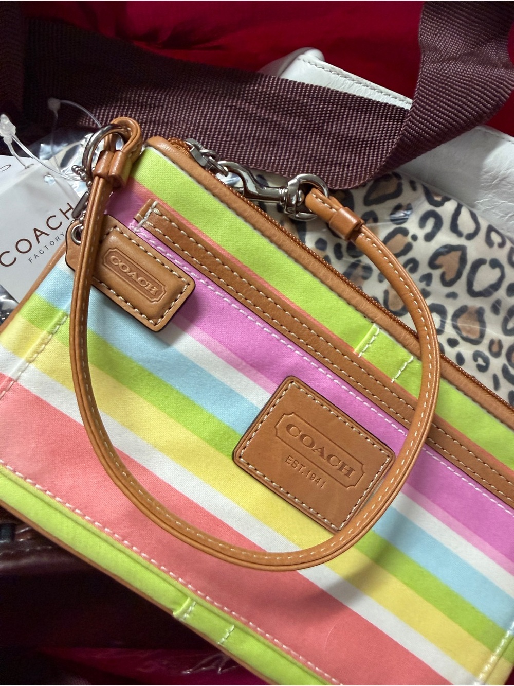 NWT rare Coach Multicolor Stripe Wristlet in Coral, Pink, Lime, Blue & White - Picture 3 of 6